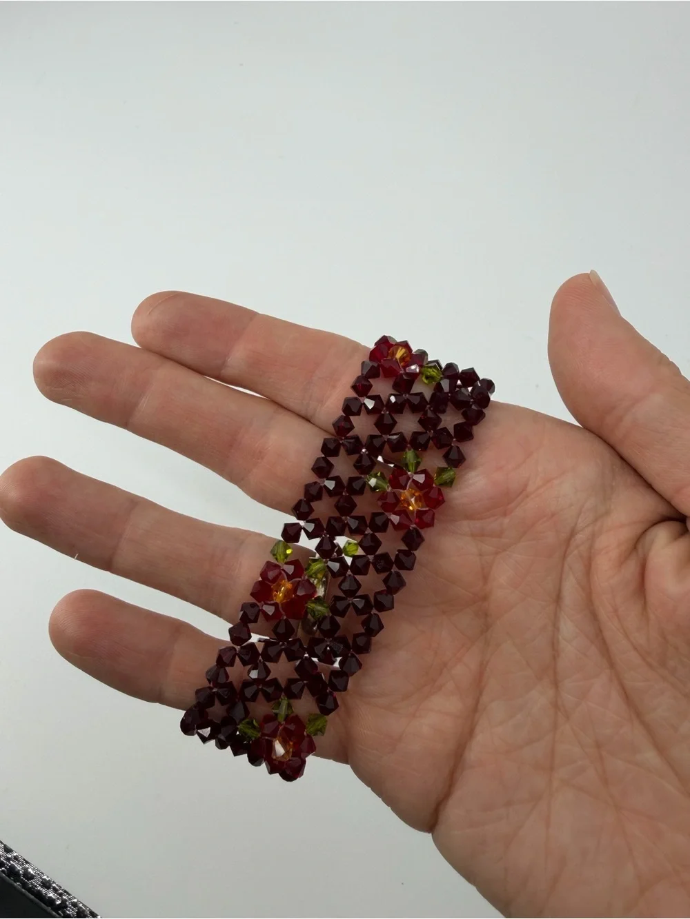 Vintage Handmade Crystal Bicone Bead Wide Cuff Bracelet Red Maroon Flower Clasp